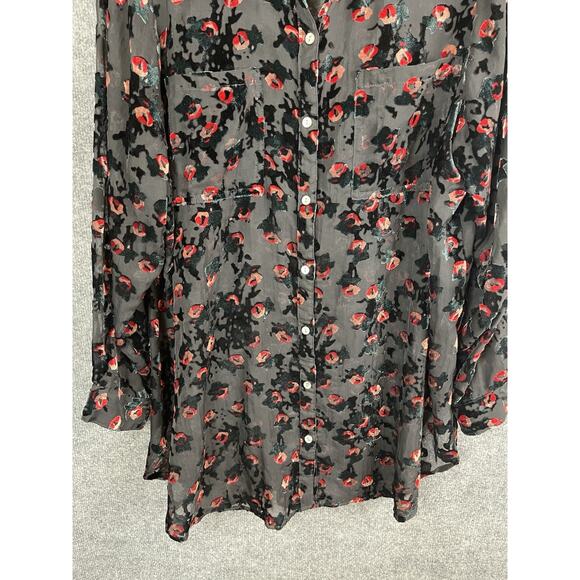 Intro Women's 2X Button Down Shirt Black Burnout Red Floral Velvet - Picture 3 of 13